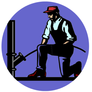 Cartoon image of a plumber unclogging a drain. Purple background.