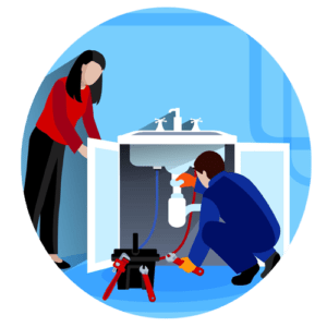 Cartoon of a technician crouching down to examine plumbing under a sink while homeowner stands to the side.